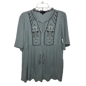 Artesia Top Womens Sage Green Embroidered Boho Flowy Short Sleeve Blouse L